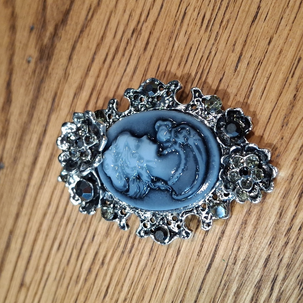 Elegant Silver & Blue Cameo Brooch
